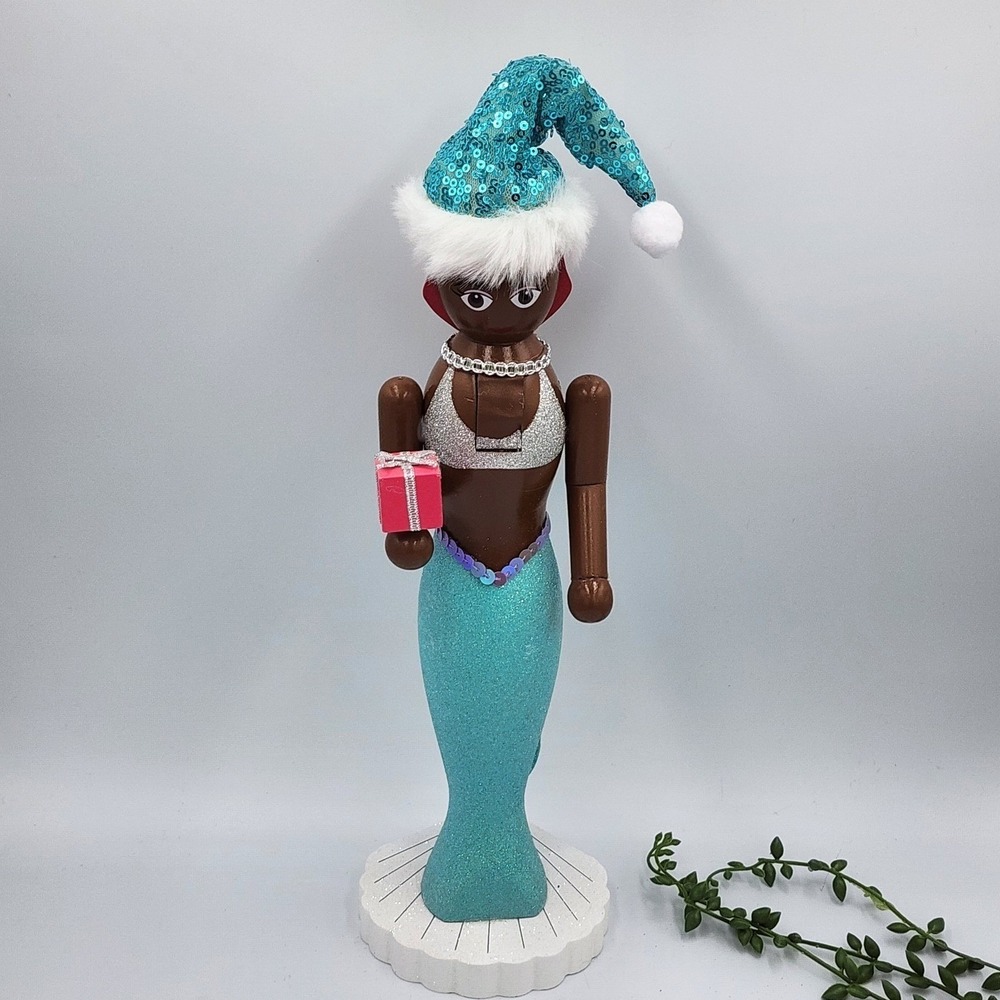 Mermaid Nutcracker Teal Blue Sequin Hat Holiday Decor 14" Coastal Nautical Wood